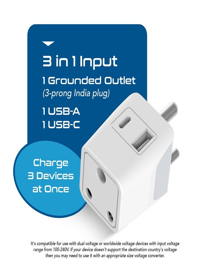 Ceptics 3 in 1 Travel Adapter with USB C, Type D Multiple Plug Socket for Laptops, Phones - White - 1 Pack - Image 2